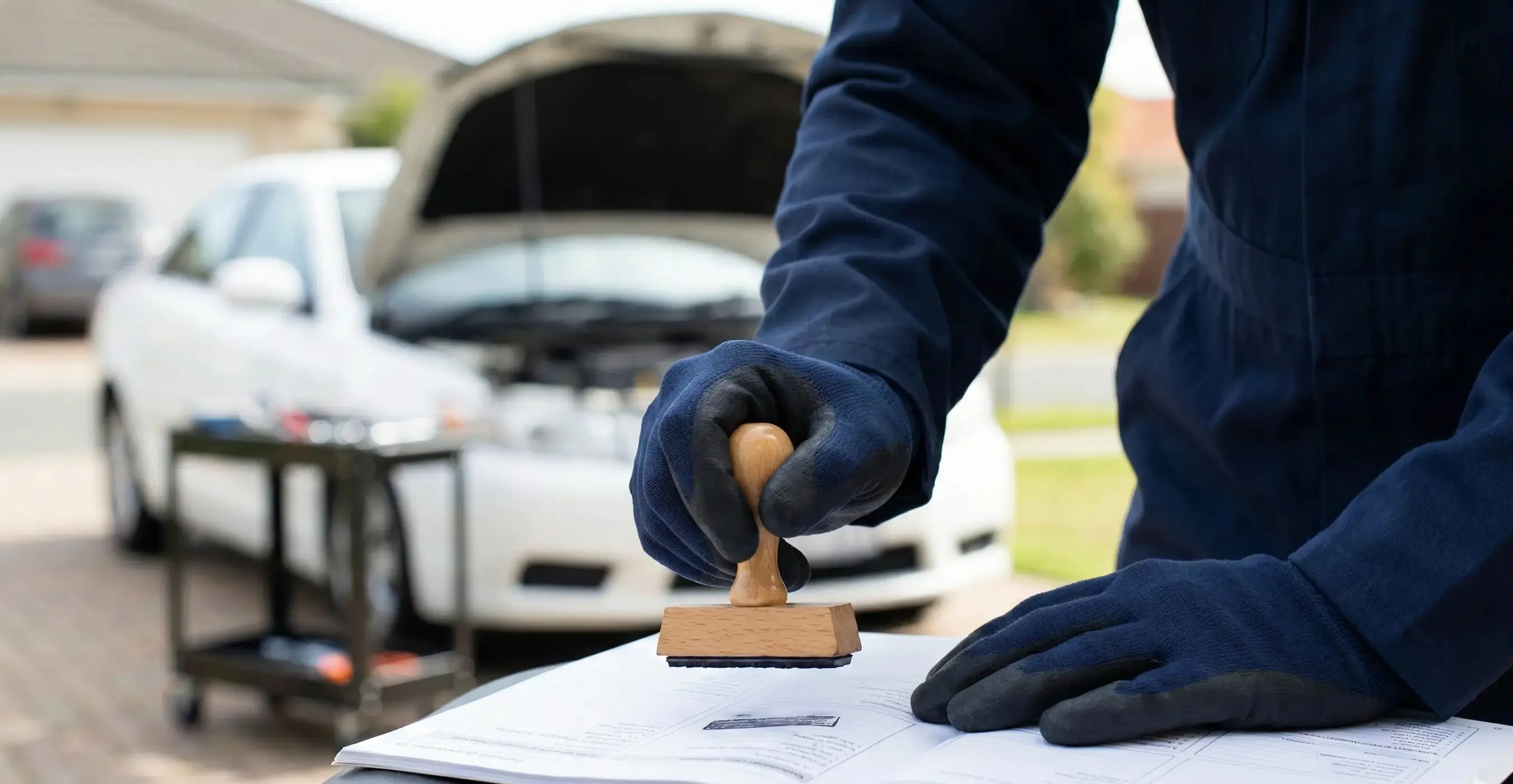 Mechanic stamping a logbook during a mobile service